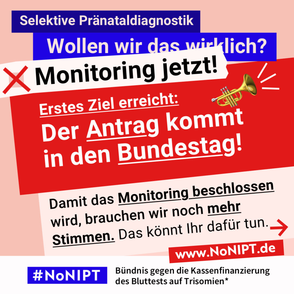 Grafik in kräftigen Farben mit viel Text. Oben steht auf dunkelblauem Balken „Selektive Pränataldiagnostik – Wollen wir das wirklich?“. Quer darüber ein schräg gesetzter weißer Streifen mit schwarzem Aufruf: „Monitoring jetzt!“. Darunter auf rotem steht Hintergrund in großer weißer Schrift: „Erstes Ziel erreicht: Der Antrag kommt in den Bundestag!“. Darunter auf rosafarbenem Feld der Text: „Damit das Monitoring beschlossen wird, brauchen wir noch mehr Stimmen. Das könnt Ihr dafür tun.“ Unten ein weißer Streifen mit Logo von #NoNIPT und der Unterzeile „Bündnis gegen die Kassenfinanzierung des Bluttests auf Trisomien*“ www.NoNIPT.de