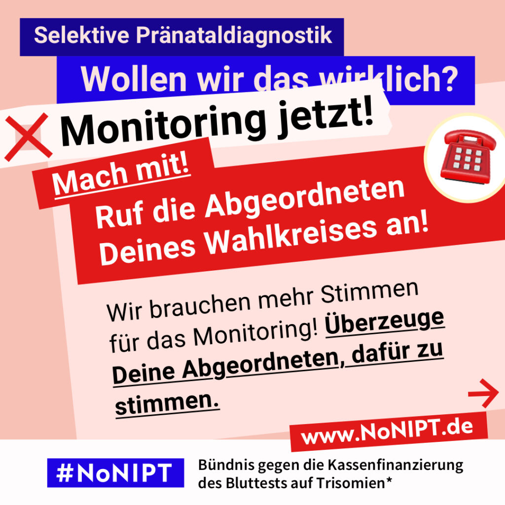 Grafik in kräftigen Farben mit viel Text. Oben steht auf dunkelblauem Balken „Selektive Pränataldiagnostik – Wollen wir das wirklich?“. Quer darüber ein schräg gesetzter weißer Streifen mit schwarzem Aufruf: „Monitoring jetzt!“. Darunter auf rotem steht Hintergrund in großer weißer Schrift: „Mach mit! Ruf die Abgeordneten Deines Wahlkreises an! Darunter auf einer rosa Fläche: „Wir brauchen mehr Stimmen für das Monitoring. Überzeuge Deine Abgeordneten, dafür zu stimmen.“ Unten ein weißer Streifen mit Logo von #NoNIPT und der Unterzeile „Bündnis gegen die Kassenfinanzierung des Bluttests auf Trisomien*“ www.NoNIPT.de