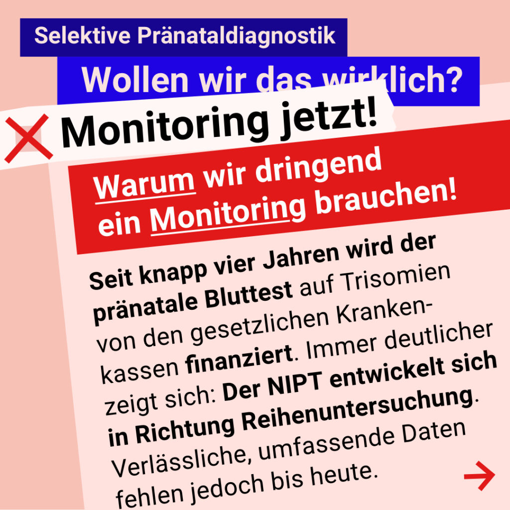 Grafik in kräftigen Farben mit viel Text. Oben steht auf dunkelblauem Balken „Selektive Pränataldiagnostik – Wollen wir das wirklich?“. Quer darüber ein schräg gesetzter weißer Streifen mit schwarzem Aufruf: „Monitoring jetzt!“. Darunter auf rotem steht Hintergrund in großer weißer Schrift: „Warum wir jetzt ein Monitoring brauchen!“ Auf einer rosa Fläche: „Seit knapp vier Jahren wird der pränatale Bluttest auf Trisomien von den gesetzlichen Krankenkassen finanziert. Immer deutlicher zeigt sich: Der NIPT entwickelt sich in Richtung Reihenuntersuchung. Verlässliche, umfassende Daten fehlen jedoch bis heute.