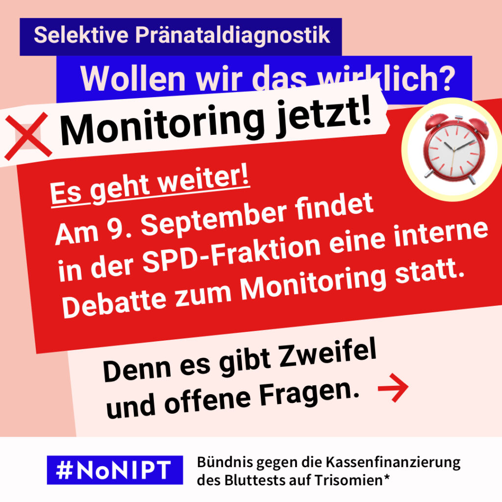 Grafik in Rosa, Rot und Blau zum Thema selektive Pränataldiagnostik. Oben steht: „Wollen wir das wirklich? Monitoring jetzt!“ Daneben ist ein roter Wecker abgebildet. Auf einer großen roten Fläche steht: „Es geht weiter! Am 9. September findet in der SPD-Fraktion eine interne Debatte zum Monitoring statt.“ Darunter: „Denn es gibt Zweifel und offene Fragen.“ Unten das Logo „#NoNIPT“ und der Schriftzug „Bündnis gegen die Kassenfinanzierung des Bluttests auf Trisomien*“.